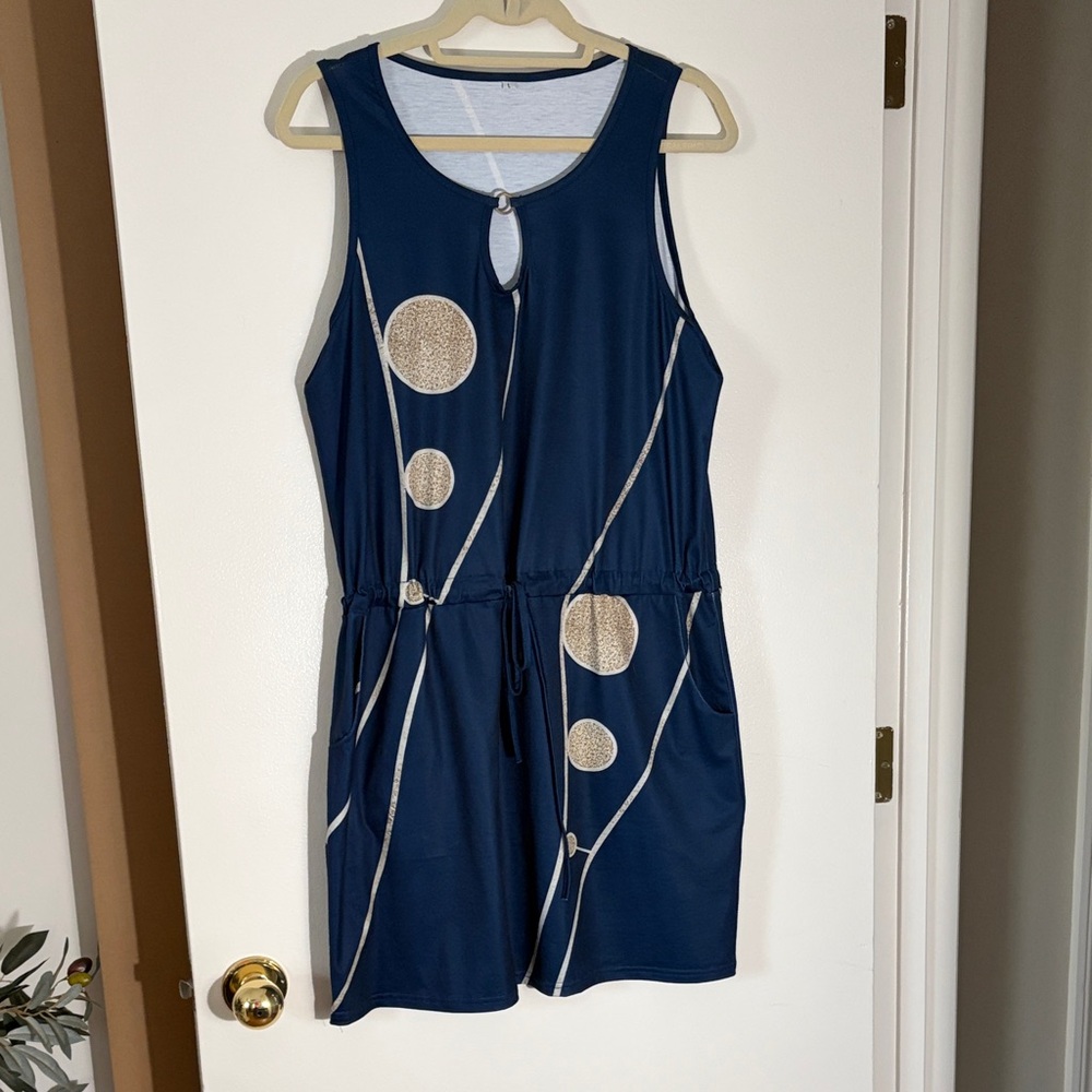 Navy Blue Sleeveless Dress with Gold Accents